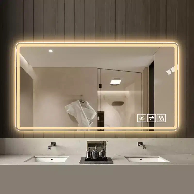 LED-Badezimmerspiegel 48x32: 3 Farben, 5-stufig dimmbar, beschlagfrei, Wandmontage, horizontal/vertikal