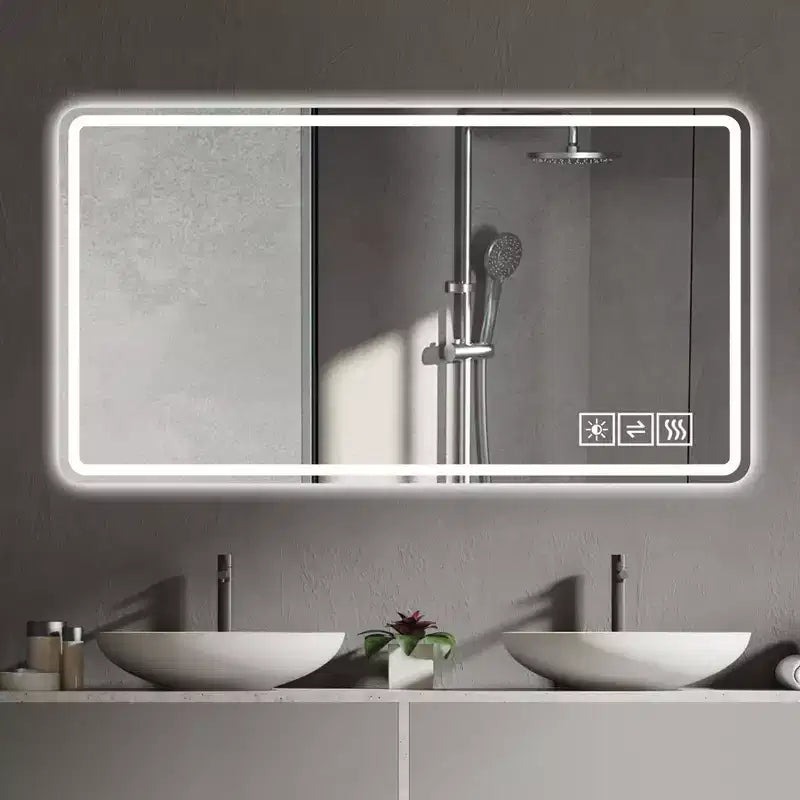 LED-Badezimmerspiegel 48x32: 3 Farben, 5-stufig dimmbar, beschlagfrei, Wandmontage, horizontal/vertikal