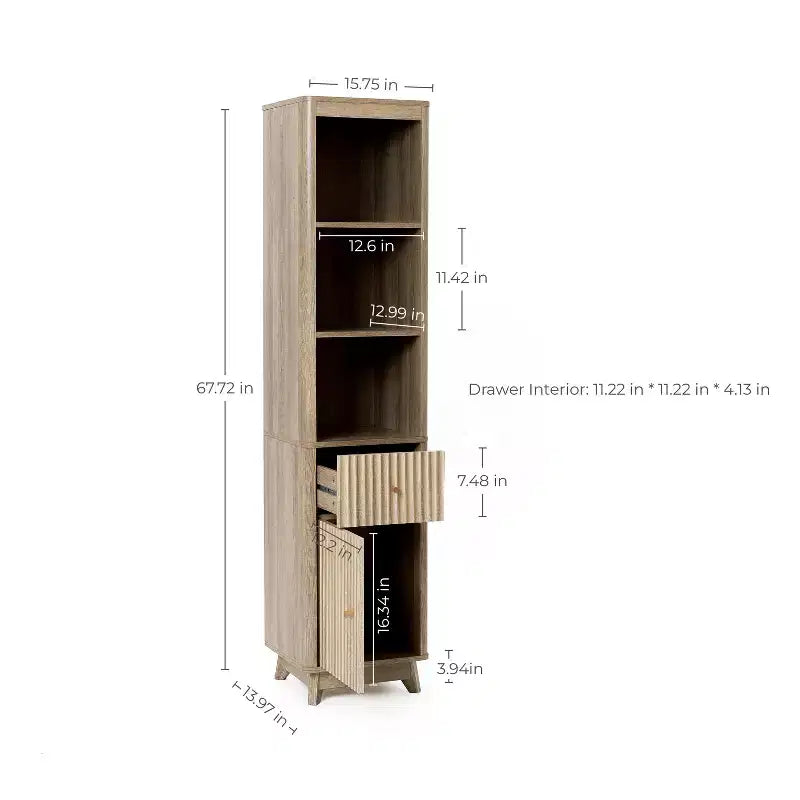 Armario alto de baño marrón de madera manufacturada con acabado natural, diseño ondulado, 1 cajón y 1 puerta