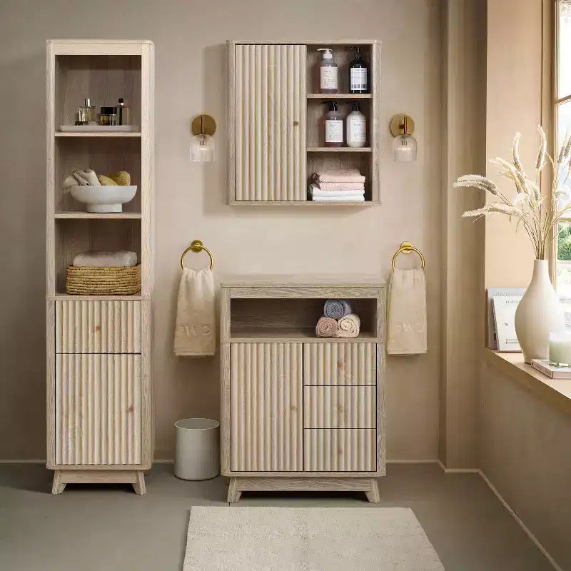 Badezimmerschrank mit 1 Schublade und 1 Tür aus Holzwerkstoff mit Wellenmuster und Naturfinish, braun