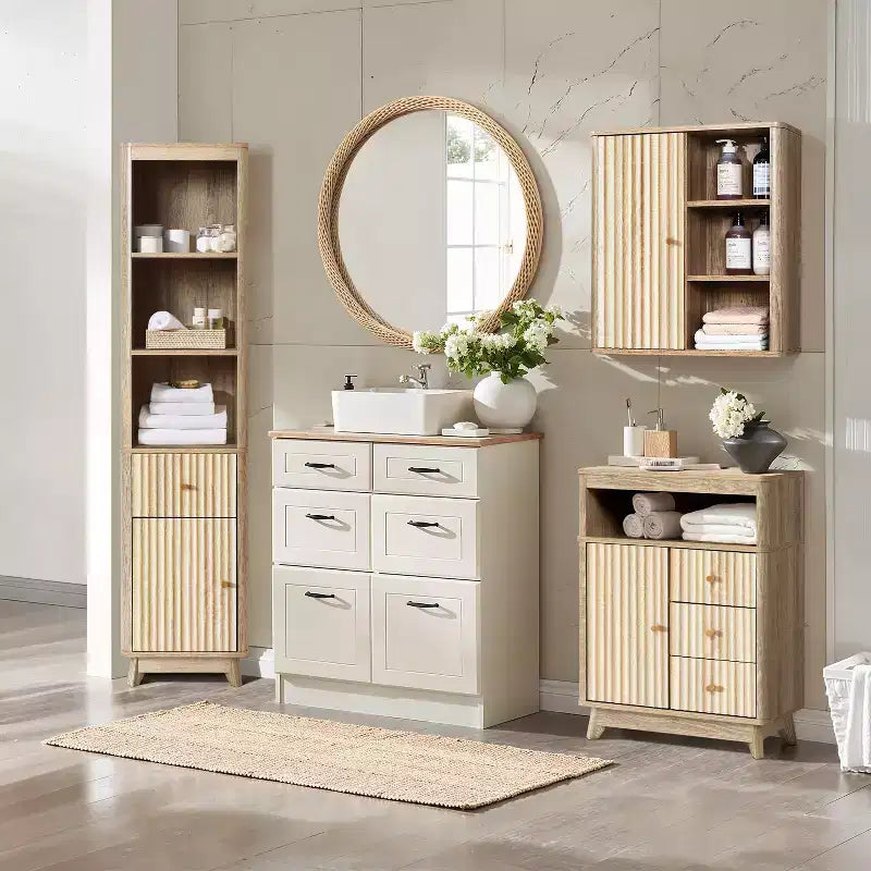 Badezimmerschrank mit 1 Schublade und 1 Tür aus Holzwerkstoff mit Wellenmuster und Naturfinish, braun