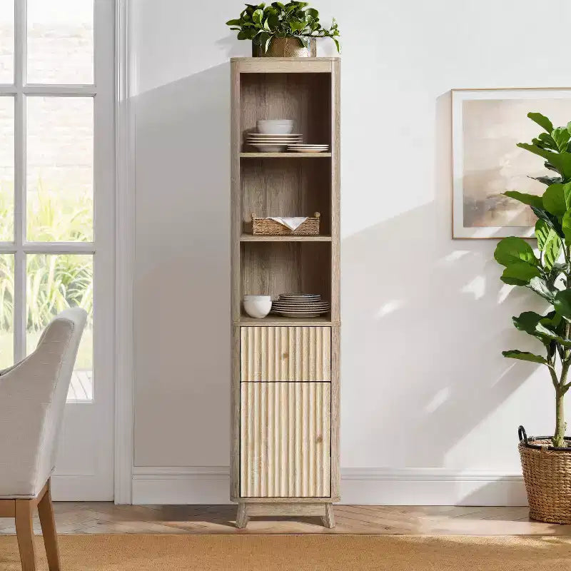 Badezimmerschrank mit 1 Schublade und 1 Tür aus Holzwerkstoff mit Wellenmuster und Naturfinish, braun