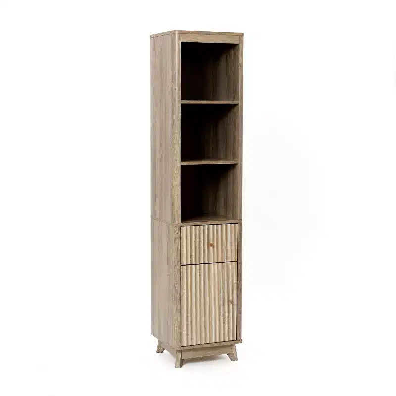 Badezimmerschrank mit 1 Schublade und 1 Tür aus Holzwerkstoff mit Wellenmuster und Naturfinish, braun