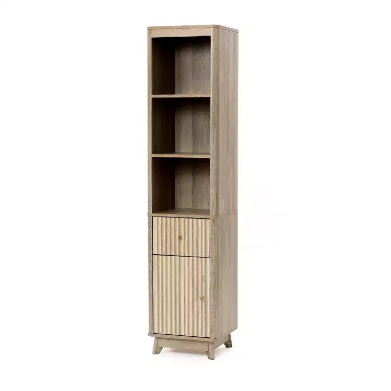 Badezimmerschrank mit 1 Schublade und 1 Tür aus Holzwerkstoff mit Wellenmuster und Naturfinish, braun
