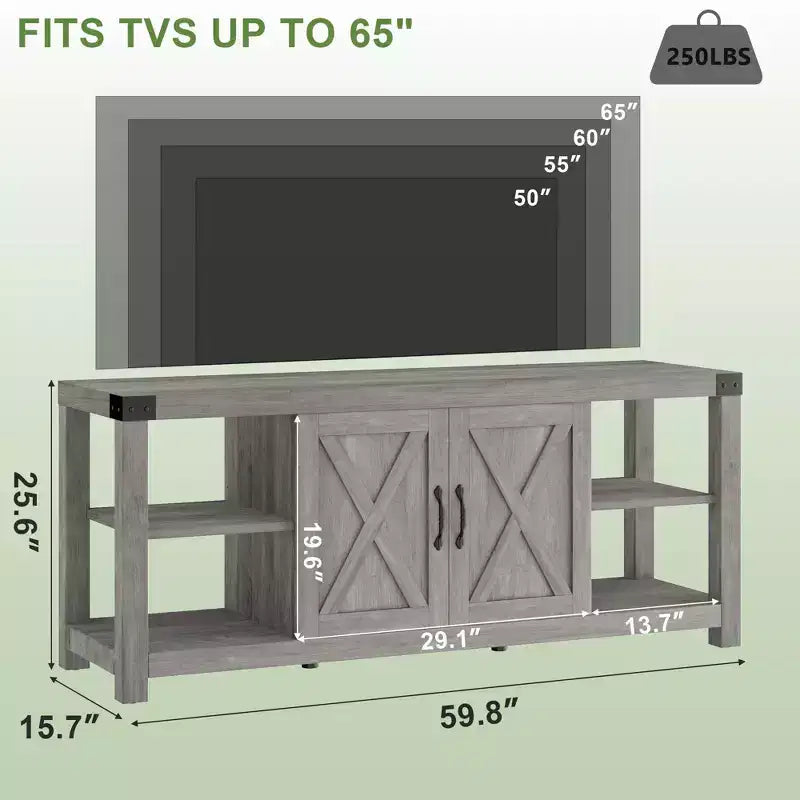Mueble de TV de madera estilo granja para televisores de hasta 65'', consola multimedia con estantes ajustables y 2 armarios, para sala de estar o dormitorio