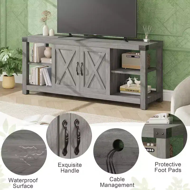 Mueble de TV de madera estilo granja para televisores de hasta 65'', consola multimedia con estantes ajustables y 2 armarios, para sala de estar o dormitorio