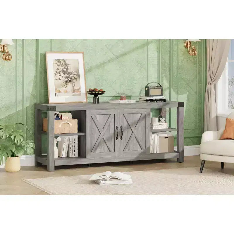TV-Schrank im Landhausstil aus Holz für Fernseher bis zu 65'', TV-Medienkonsole mit verstellbaren Einlegeböden und 2 Schränken, für Wohnzimmer und Schlafzimmer