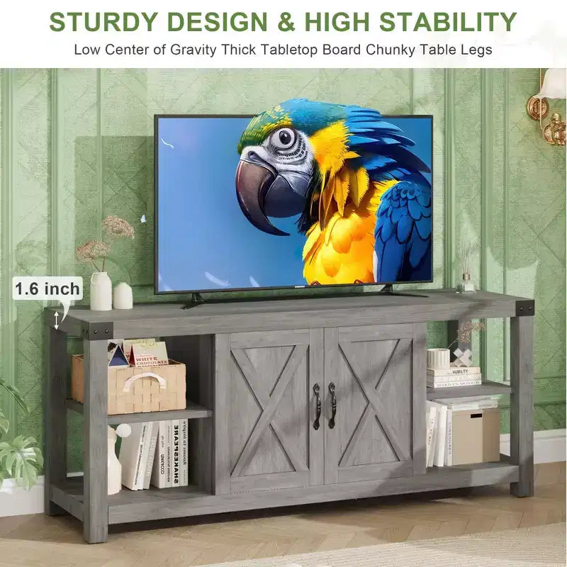 TV-Schrank im Landhausstil aus Holz für Fernseher bis zu 65'', TV-Medienkonsole mit verstellbaren Einlegeböden und 2 Schränken, für Wohnzimmer und Schlafzimmer