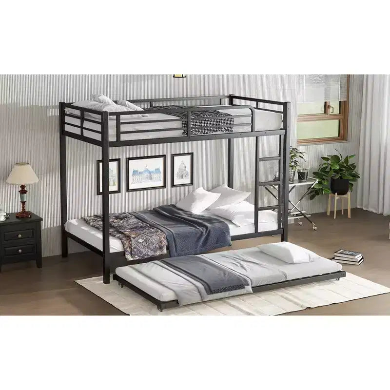 Litera de plaza individual XL sobre plaza individual XL con cama nido, estructura triple de metal resistente, barandillas de seguridad y diseño silencioso, negra