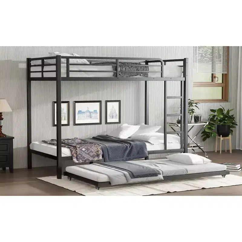 Litera de plaza individual XL sobre plaza individual XL con cama nido, estructura triple de metal resistente, barandillas de seguridad y diseño silencioso, negra