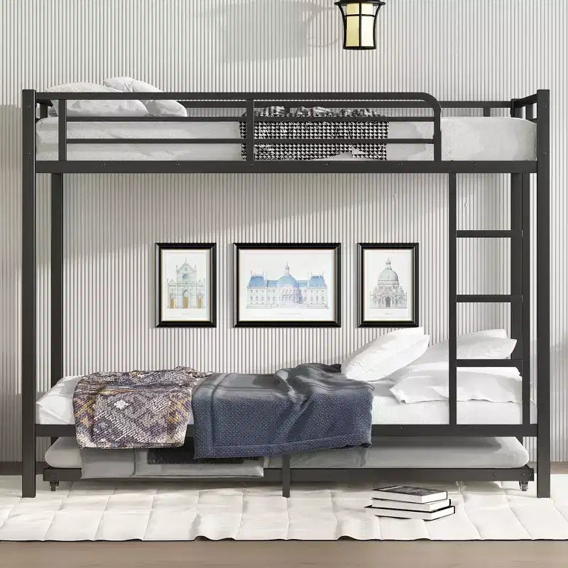 Twin XL Over Twin XL Bunk Bed with Trundle, Heavy-Duty Metal Triple Bed Frame, Guardrails, Noise-Free, Black