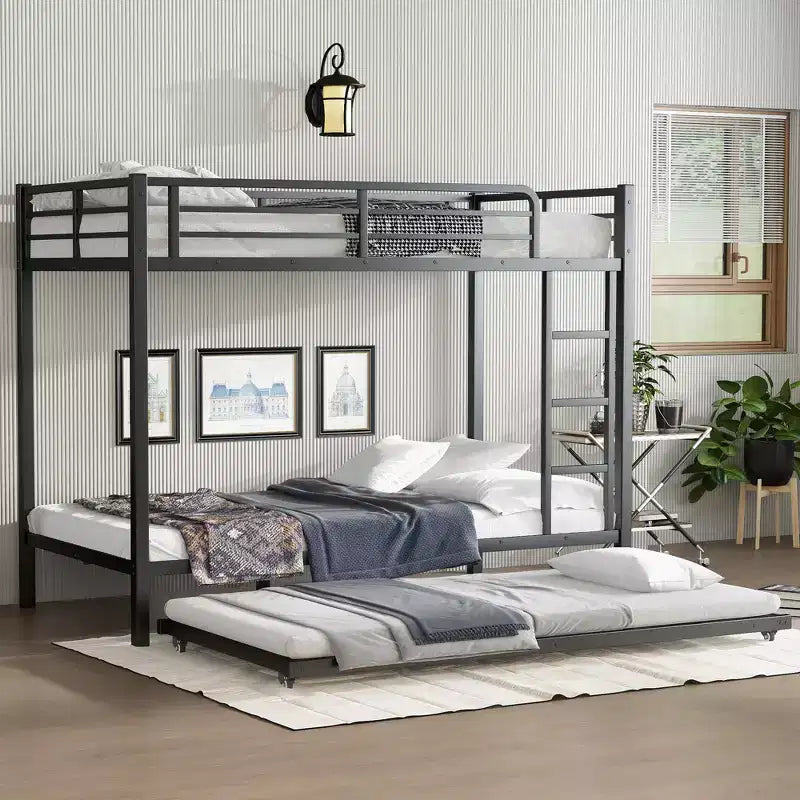 Twin XL Over Twin XL Bunk Bed with Trundle, Heavy-Duty Metal Triple Bed Frame, Guardrails, Noise-Free, Black