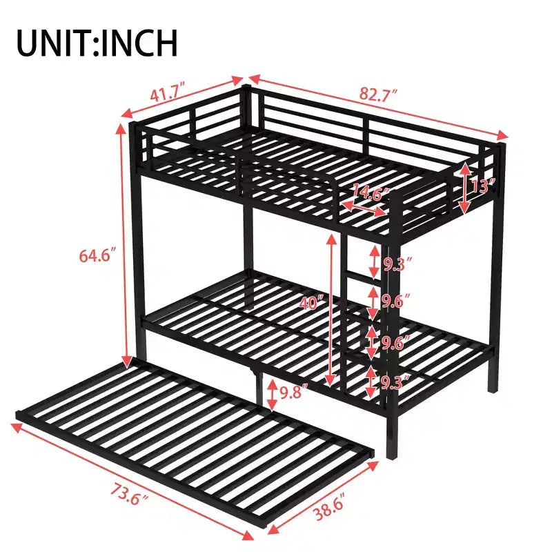 Litera de plaza individual XL sobre plaza individual XL con cama nido, estructura triple de metal resistente, barandillas de seguridad y diseño silencioso, negra