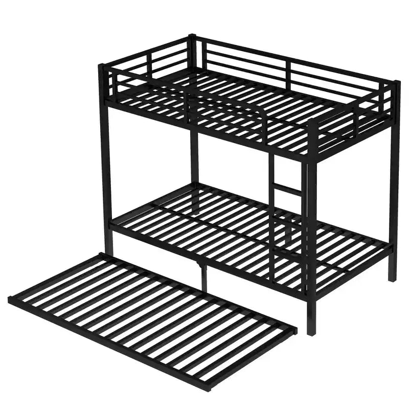 Twin XL Over Twin XL Bunk Bed with Trundle, Heavy-Duty Metal Triple Bed Frame, Guardrails, Noise-Free, Black