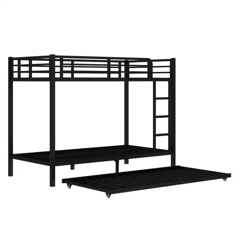 Litera de plaza individual XL sobre plaza individual XL con cama nido, estructura triple de metal resistente, barandillas de seguridad y diseño silencioso, negra