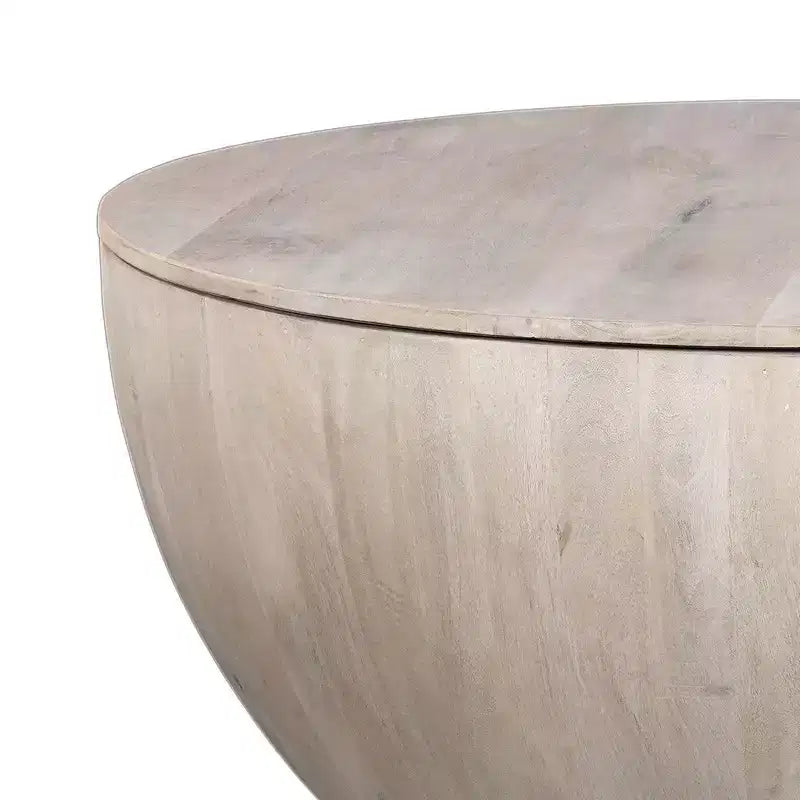 Mesa de centro redonda de 37 pulgadas, forma de tambor artesanal con espacio de almacenamiento, madera de mango blanca desgastada