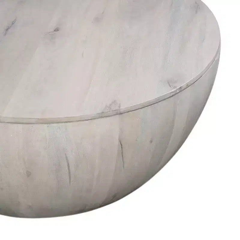 Mesa de centro redonda de 37 pulgadas, forma de tambor artesanal con espacio de almacenamiento, madera de mango blanca desgastada