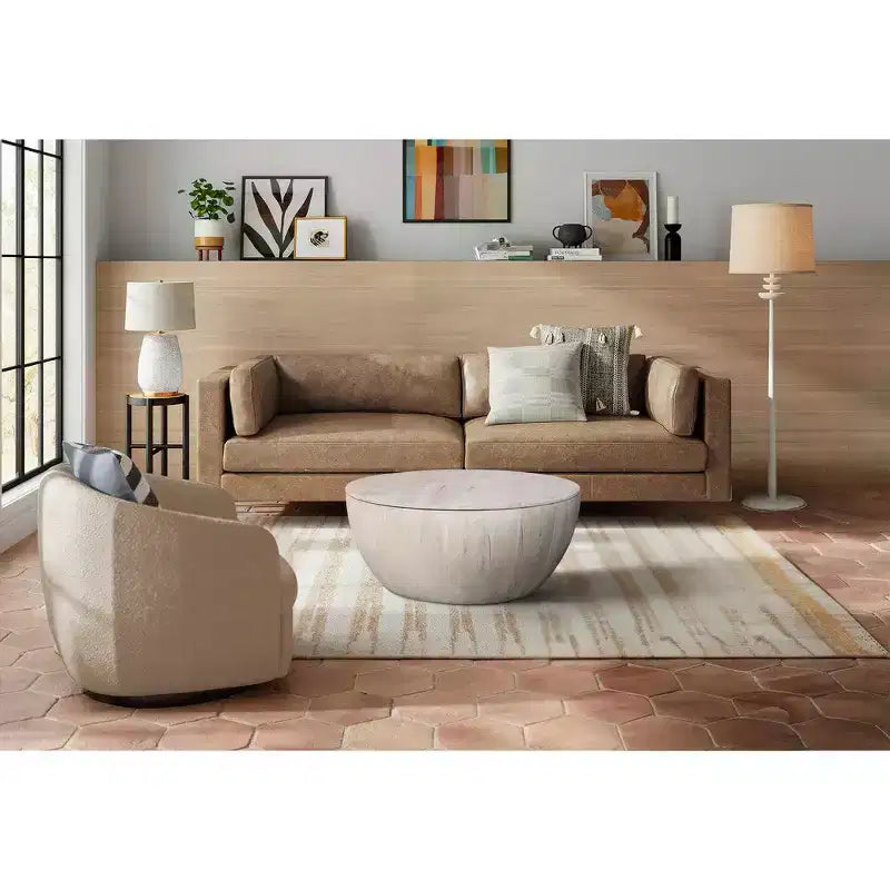 37 Inch Round Coffee Table, Handcrafted Drum Shape with Storage, Washed White Mango Wood