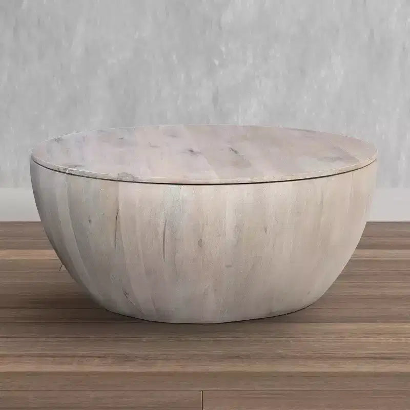 Mesa de centro redonda de 37 pulgadas, forma de tambor artesanal con espacio de almacenamiento, madera de mango blanca desgastada