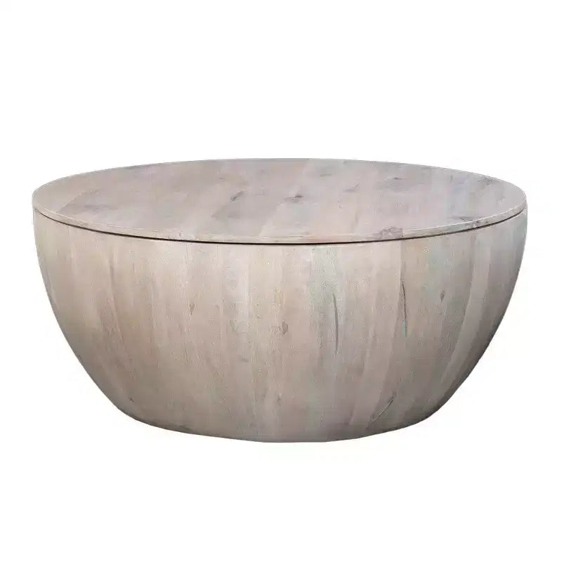 Mesa de centro redonda de 37 pulgadas, forma de tambor artesanal con espacio de almacenamiento, madera de mango blanca desgastada