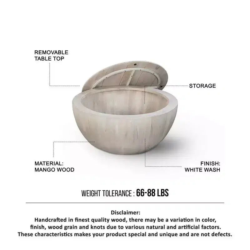 Mesa de centro redonda de 37 pulgadas, forma de tambor artesanal con espacio de almacenamiento, madera de mango blanca desgastada