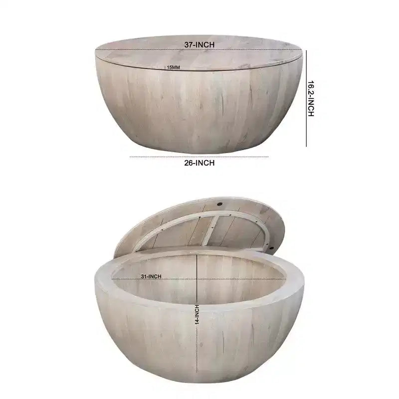 Mesa de centro redonda de 37 pulgadas, forma de tambor artesanal con espacio de almacenamiento, madera de mango blanca desgastada