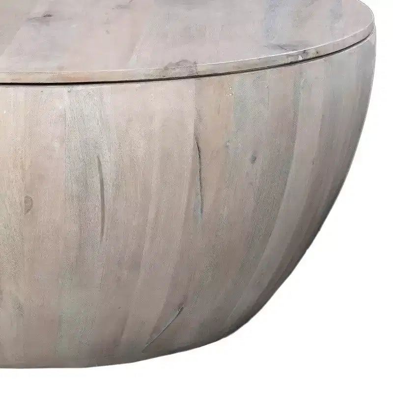 Mesa de centro redonda de 37 pulgadas, forma de tambor artesanal con espacio de almacenamiento, madera de mango blanca desgastada