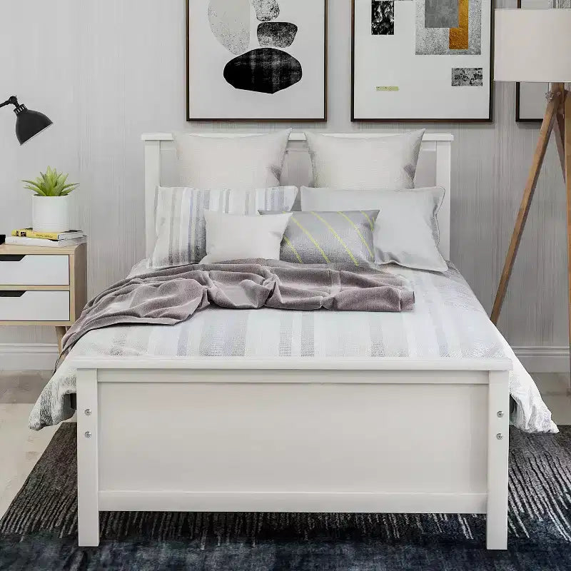 Lit plateforme en bois de taille Twin avec tête et pied de lit et sommier à lattes en bois, noyer