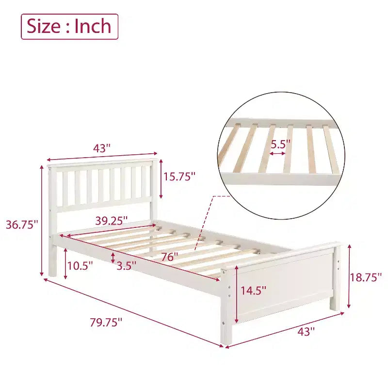 Lit plateforme en bois de taille Twin avec tête et pied de lit et sommier à lattes en bois, noyer