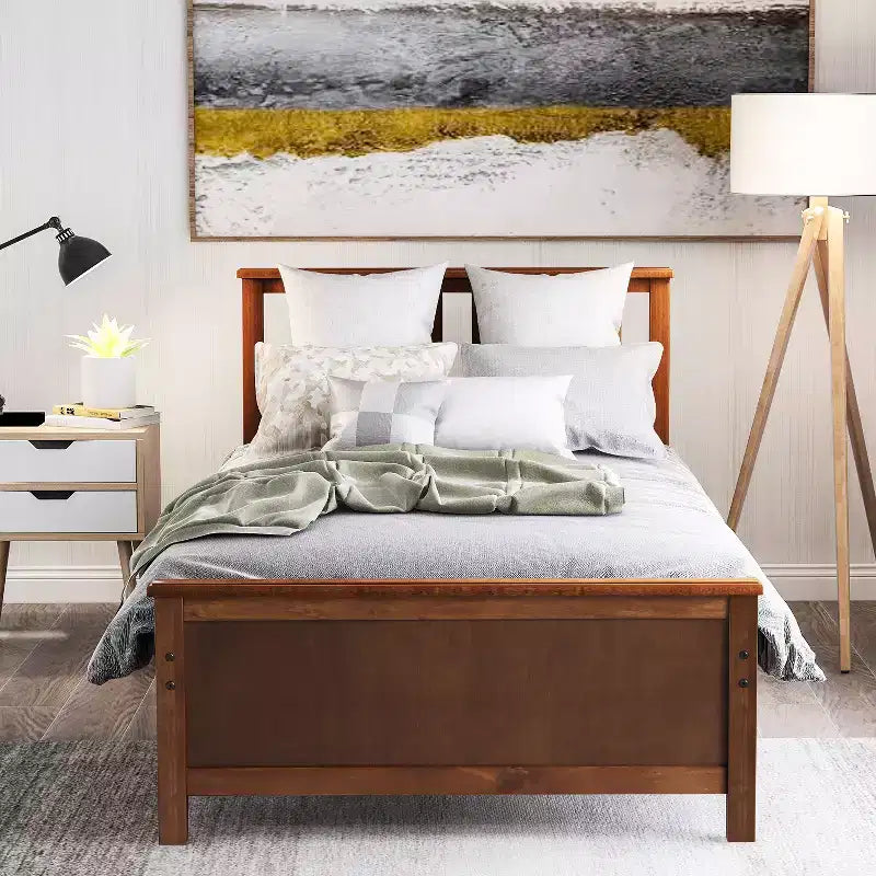 Lit plateforme en bois de taille Twin avec tête et pied de lit et sommier à lattes en bois, noyer