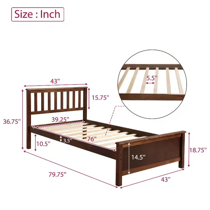 Lit plateforme en bois de taille Twin avec tête et pied de lit et sommier à lattes en bois, noyer