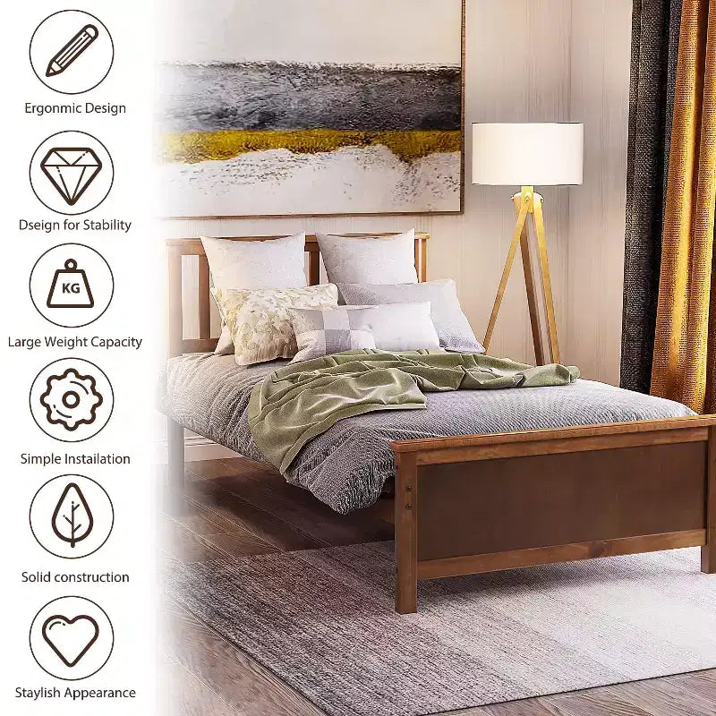 Lit plateforme en bois de taille Twin avec tête et pied de lit et sommier à lattes en bois, noyer
