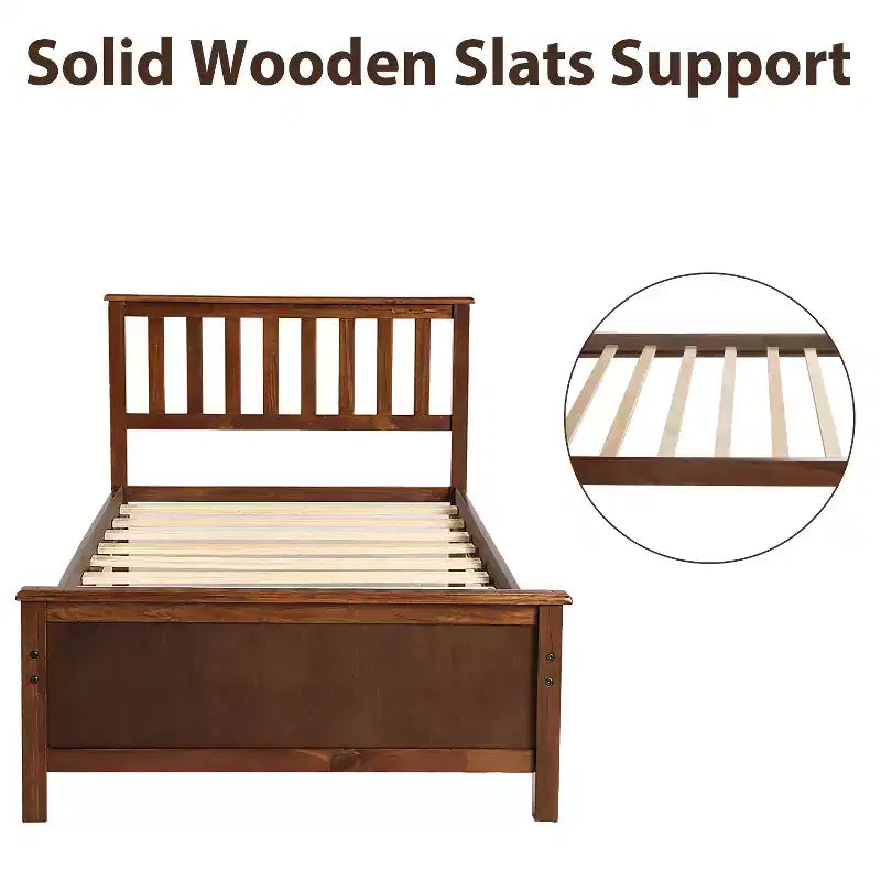 Lit plateforme en bois de taille Twin avec tête et pied de lit et sommier à lattes en bois, noyer