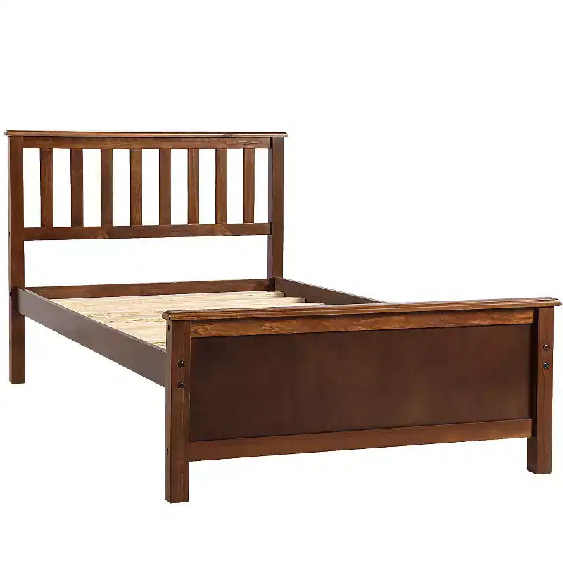 Lit plateforme en bois de taille Twin avec tête et pied de lit et sommier à lattes en bois, noyer