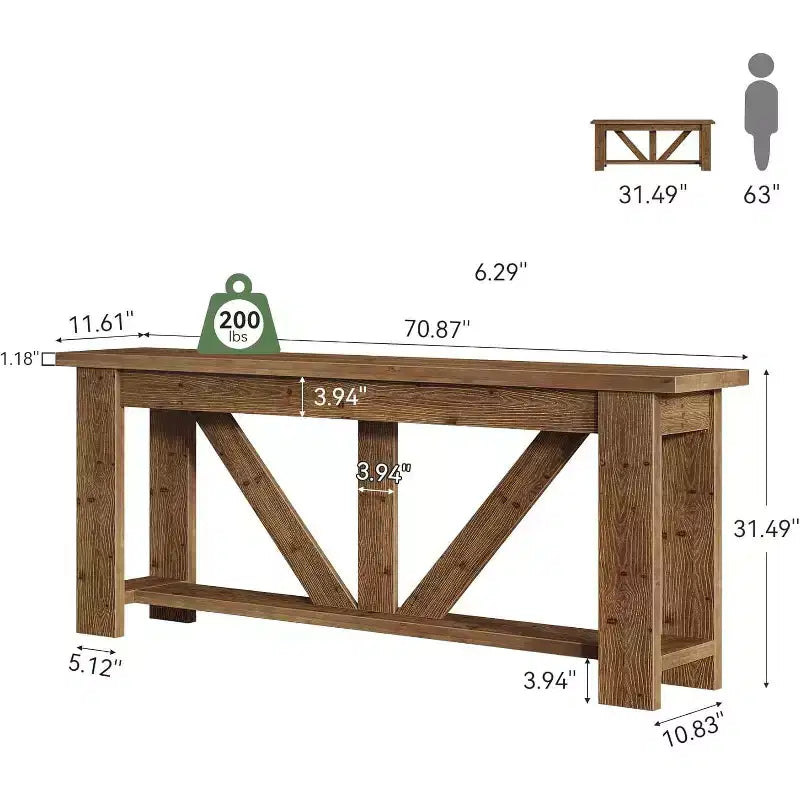 Konsolentisch aus Massivholz mit 2 Ebenen, extra langer Flurtisch mit 70.9, Sofatisch hinter der Couch für Wohnzimmer, Flur und Eingangsbereich