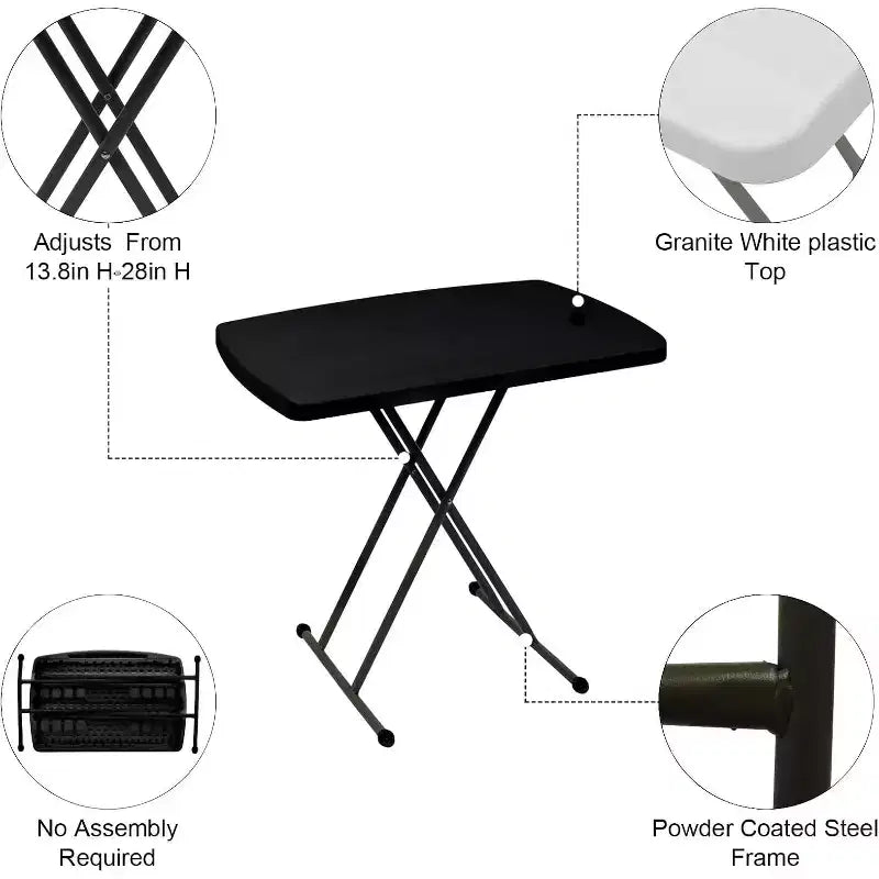 Petite table pliante portable, plateau pour ordinateur portable ou téléviseur de 30 à hauteur réglable, table de camping, plateau en plastique HDPE avec structure en acier, noir