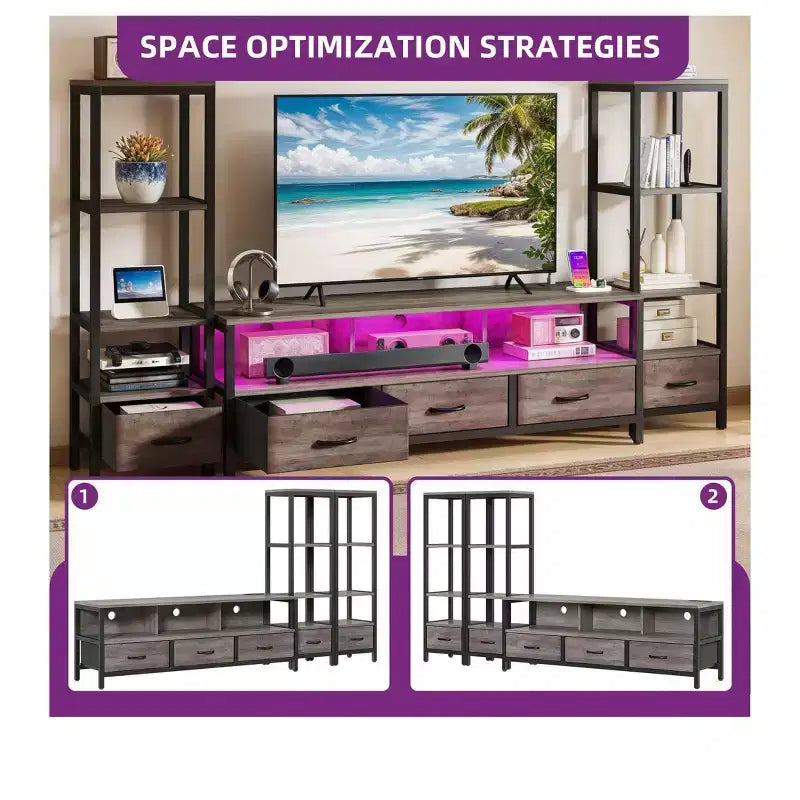 Mueble de TV LED para televisor de 65 pulgadas, centro de entretenimiento con estantes para libros de 4 niveles y tomas de corriente, consola para TV para la sala de estar