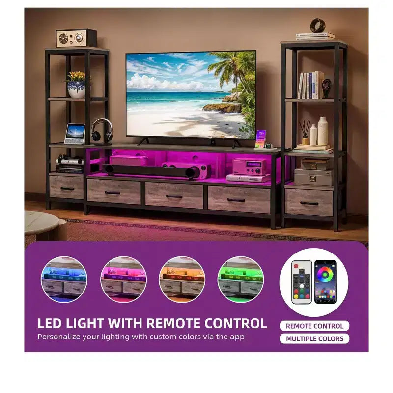 Mueble de TV LED para televisor de 65 pulgadas, centro de entretenimiento con estantes para libros de 4 niveles y tomas de corriente, consola para TV para la sala de estar
