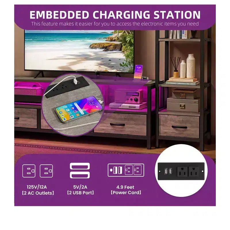 LED-TV-Ständer für 65-Zoll-Fernseher, Entertainment-Center mit 4-stufigen Bücherregalen und Steckdosen, TV-Konsolenschrank für das Wohnzimmer