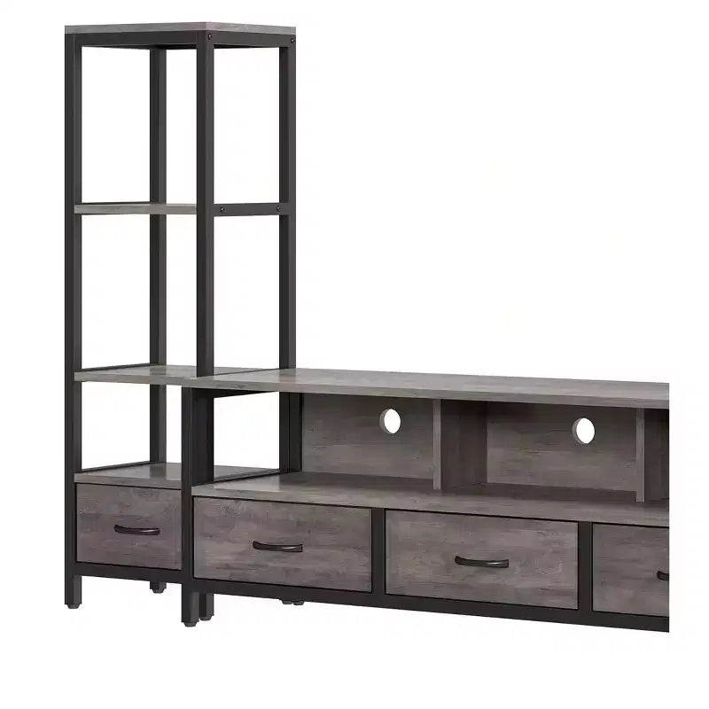 LED-TV-Ständer für 65-Zoll-Fernseher, Entertainment-Center mit 4-stufigen Bücherregalen und Steckdosen, TV-Konsolenschrank für das Wohnzimmer