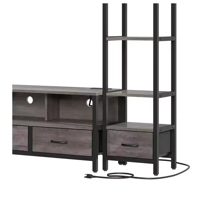 LED-TV-Ständer für 65-Zoll-Fernseher, Entertainment-Center mit 4-stufigen Bücherregalen und Steckdosen, TV-Konsolenschrank für das Wohnzimmer