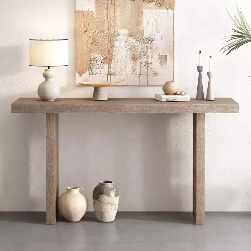 Table console moderne pour entrée, placage de chêne et côtés sculptés, avec vaste plateau pour le salon