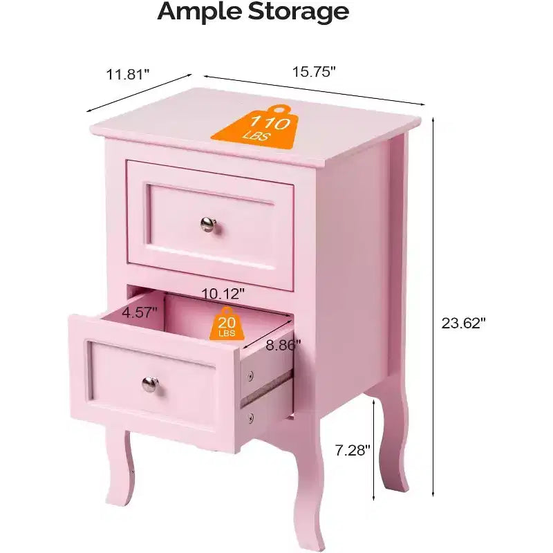 Nightstand Set of 2, Nightstands with 2 Drawers, Bed Side Table/Night Stand, Pink Nightstand
