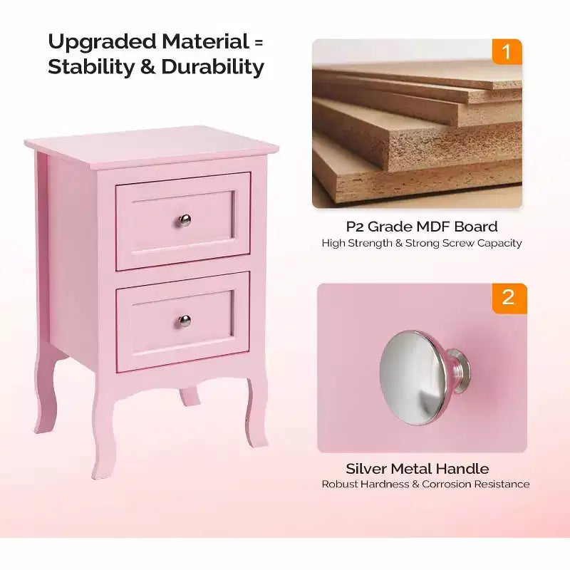 Nightstand Set of 2, Nightstands with 2 Drawers, Bed Side Table/Night Stand, Pink Nightstand