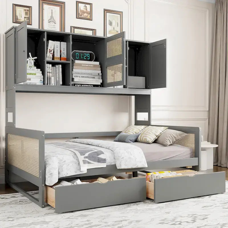 Modernes Tagesbett in voller Größe aus Holz mit Stauraum, Plattformbettgestell mit All-in-One-Schrank, 2 Schubladen und Ablagefach
