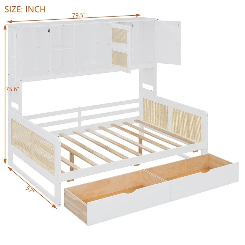 Modernes Tagesbett in voller Größe aus Holz mit Stauraum, Plattformbettgestell mit All-in-One-Schrank, 2 Schubladen und Ablagefach