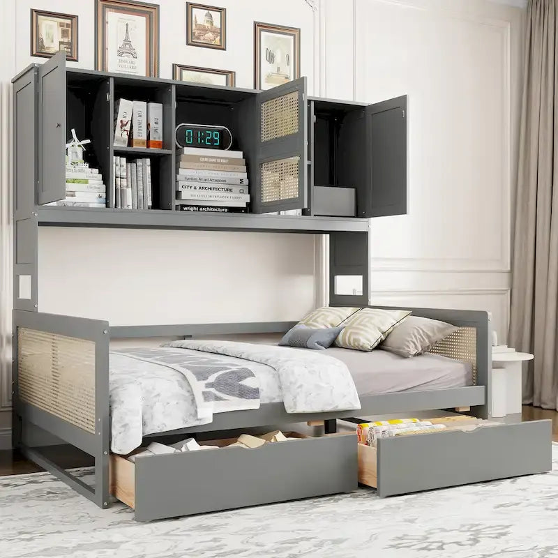 Modernes Tagesbett in voller Größe aus Holz mit Stauraum, Plattformbettgestell mit All-in-One-Schrank, 2 Schubladen und Ablagefach