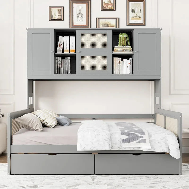 Modernes Tagesbett in voller Größe aus Holz mit Stauraum, Plattformbettgestell mit All-in-One-Schrank, 2 Schubladen und Ablagefach