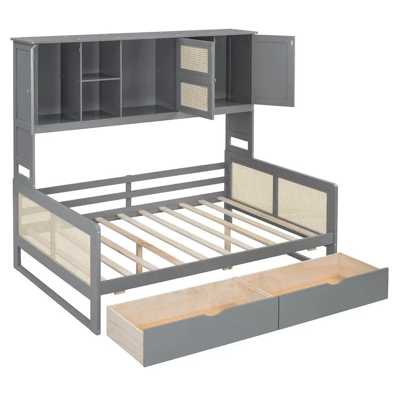 Modernes Tagesbett in voller Größe aus Holz mit Stauraum, Plattformbettgestell mit All-in-One-Schrank, 2 Schubladen und Ablagefach