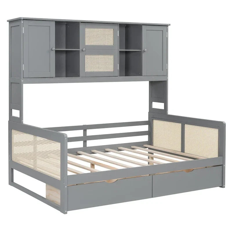 Modernes Tagesbett in voller Größe aus Holz mit Stauraum, Plattformbettgestell mit All-in-One-Schrank, 2 Schubladen und Ablagefach